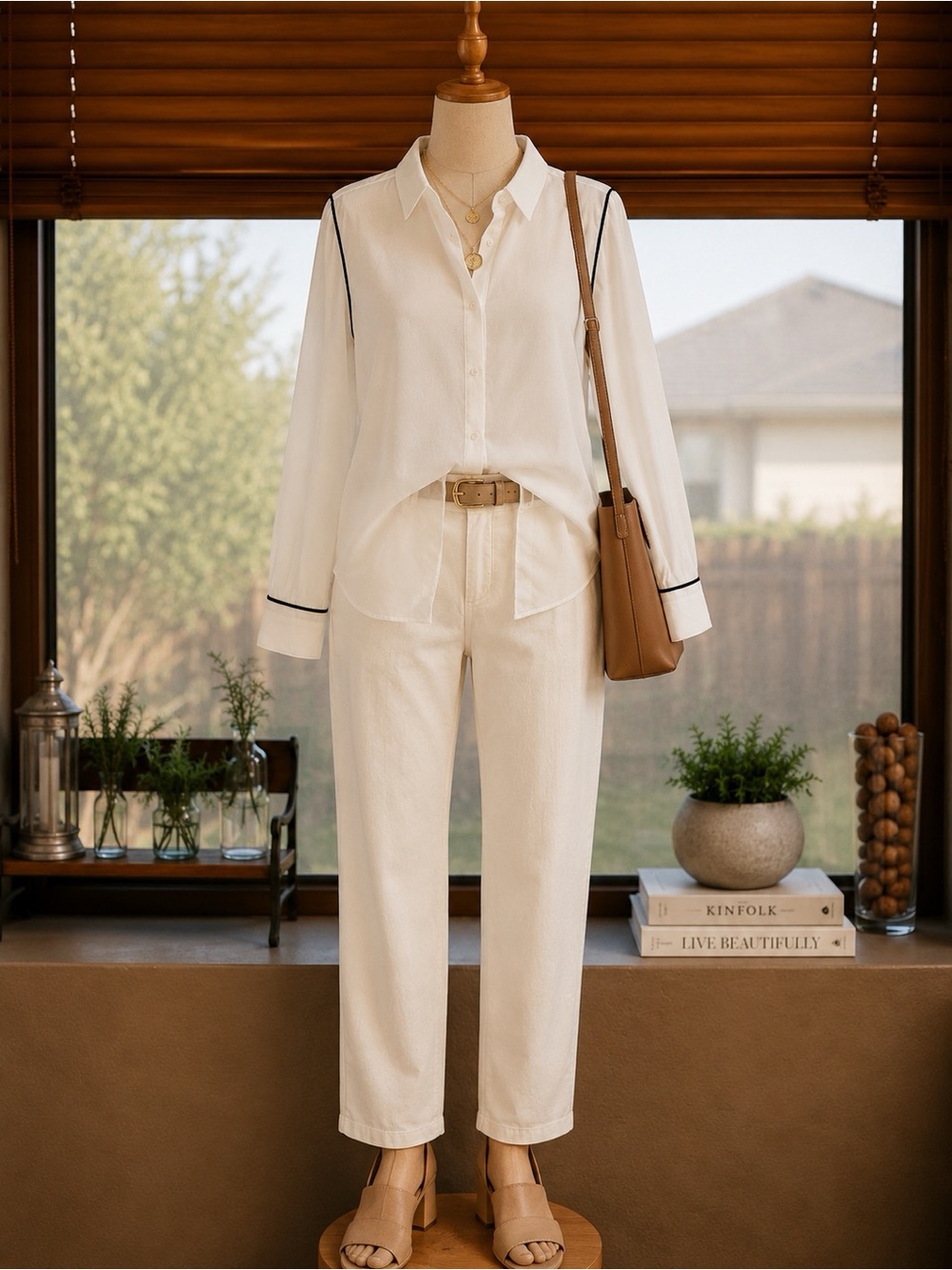 Calvin Klein White Button Front Blouse Navy Blue Trim Detail Size Large